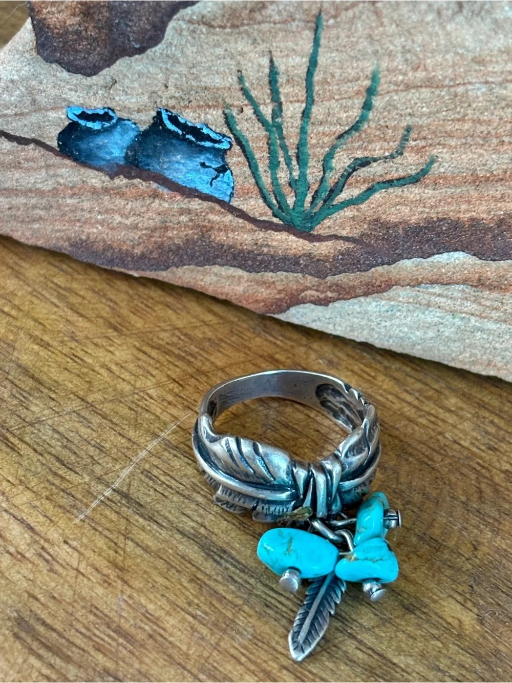 Vintage Turquoise Nuggets Feather Charm Sterling Silver Ring - size 5.5 - Picture 3 of 14